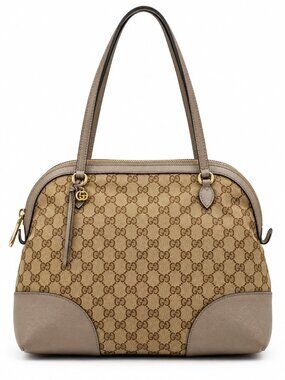 Gucci GG Monogram Canvas Beige Leather Shoulder Tote Bag